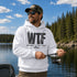 Unisex heavy blend hoodie featuring a humorous fishing graphic with hook and rod artwork displayed in a variety of outdoor lifestyle mockups and fishing-themed settings.