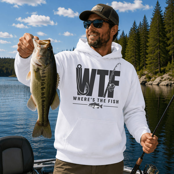 Unisex heavy blend hoodie featuring a humorous fishing graphic with hook and rod artwork displayed in a variety of outdoor lifestyle mockups and fishing-themed settings.