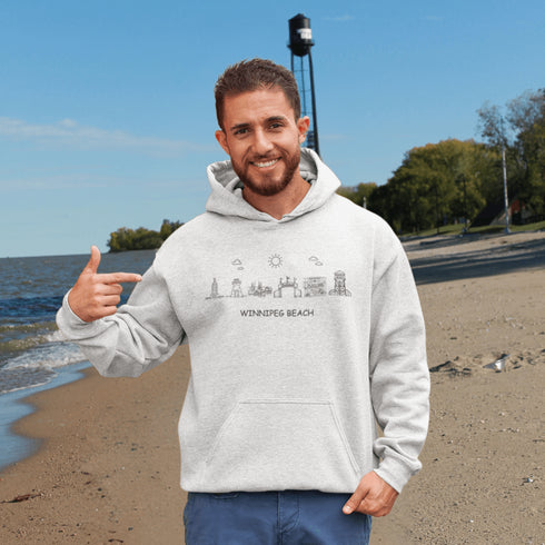 Show off your lake town pride with this cozy Winnipeg Beach Landmark Doodle Hoodie. Featuring a charming, hand-drawn skyline of iconic Winnipeg Beach sights.