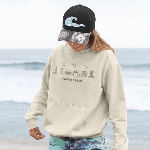 Show off your lake town pride with this cozy Winnipeg Beach Landmark Doodle Hoodie. Featuring a charming, hand-drawn skyline of iconic Winnipeg Beach sights.