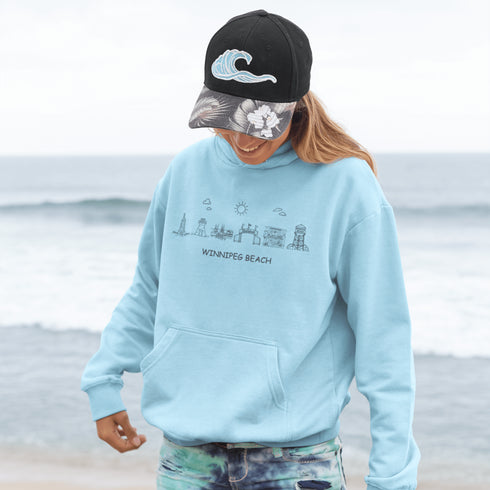 Show off your lake town pride with this cozy Winnipeg Beach Landmark Doodle Hoodie. Featuring a charming, hand-drawn skyline of iconic Winnipeg Beach sights.