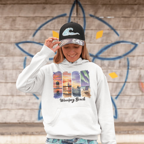Celebrate the iconic sights of Winnipeg Beach with this beautifully designed hoodie, featuring a soft watercolor collage of the town’s most beloved landmarks.