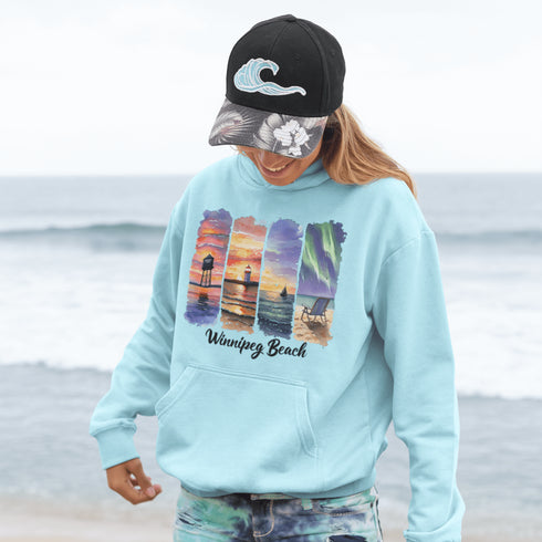 Celebrate the iconic sights of Winnipeg Beach with this beautifully designed hoodie, featuring a soft watercolor collage of the town’s most beloved landmarks.