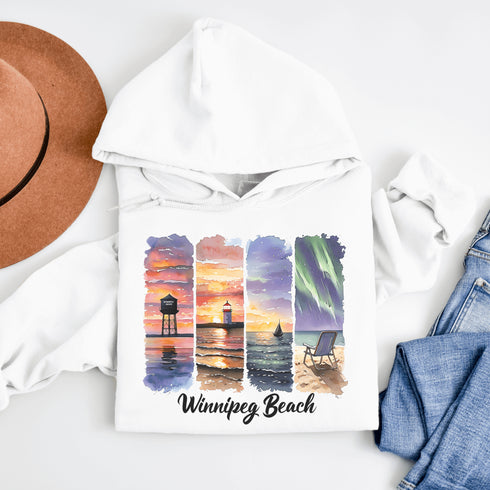 Celebrate the iconic sights of Winnipeg Beach with this beautifully designed hoodie, featuring a soft watercolor collage of the town’s most beloved landmarks.