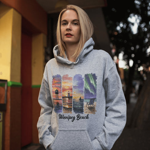 Celebrate the iconic sights of Winnipeg Beach with this beautifully designed hoodie, featuring a soft watercolor collage of the town’s most beloved landmarks.