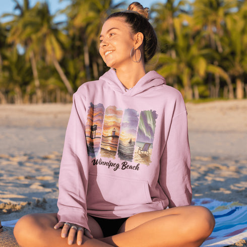 Celebrate the iconic sights of Winnipeg Beach with this beautifully designed hoodie, featuring a soft watercolor collage of the town’s most beloved landmarks.