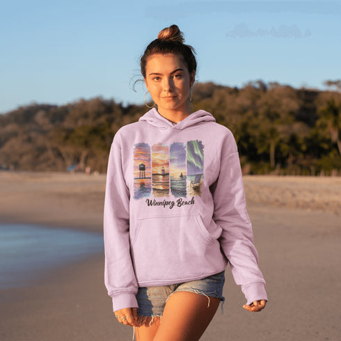 Celebrate the iconic sights of Winnipeg Beach with this beautifully designed hoodie, featuring a soft watercolor collage of the town’s most beloved landmarks.
