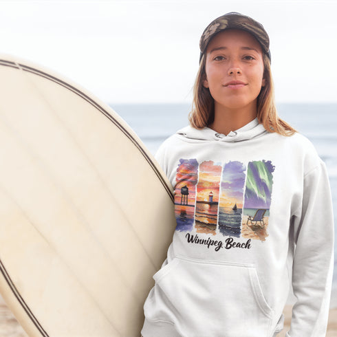 Celebrate the iconic sights of Winnipeg Beach with this beautifully designed hoodie, featuring a soft watercolor collage of the town’s most beloved landmarks.