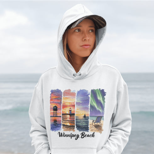 Celebrate the iconic sights of Winnipeg Beach with this beautifully designed hoodie, featuring a soft watercolor collage of the town’s most beloved landmarks.