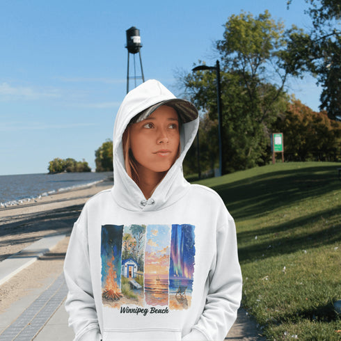 Inspired by the timeless charm of Winnipeg Beach, this cozy hoodie features a beautifully detailed watercolor collage capturing the spirit of this beloved lakeside destination.
