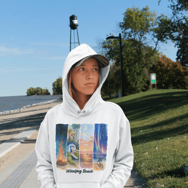 Inspired by the timeless charm of Winnipeg Beach, this cozy hoodie features a beautifully detailed watercolor collage capturing the spirit of this beloved lakeside destination.