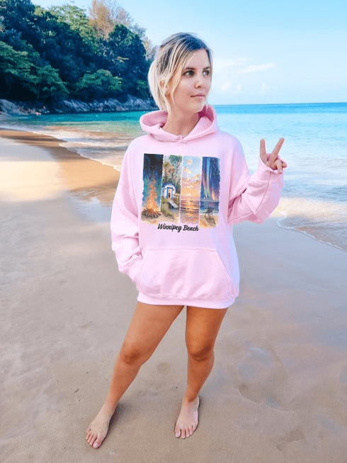 Inspired by the timeless charm of Winnipeg Beach, this cozy hoodie features a beautifully detailed watercolor collage capturing the spirit of this beloved lakeside destination.