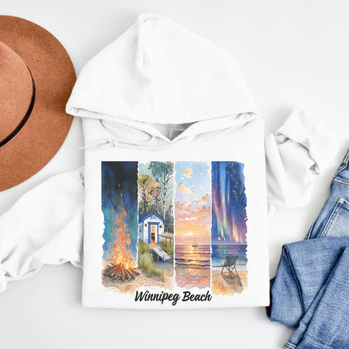 Inspired by the timeless charm of Winnipeg Beach, this cozy hoodie features a beautifully detailed watercolor collage capturing the spirit of this beloved lakeside destination.