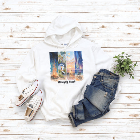 Inspired by the timeless charm of Winnipeg Beach, this cozy hoodie features a beautifully detailed watercolor collage capturing the spirit of this beloved lakeside destination.