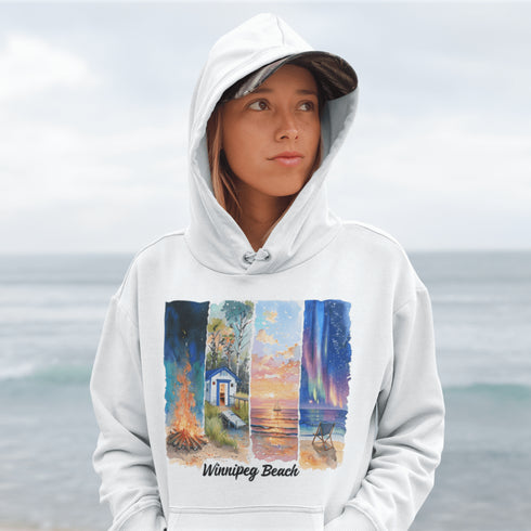 Inspired by the timeless charm of Winnipeg Beach, this cozy hoodie features a beautifully detailed watercolor collage capturing the spirit of this beloved lakeside destination.