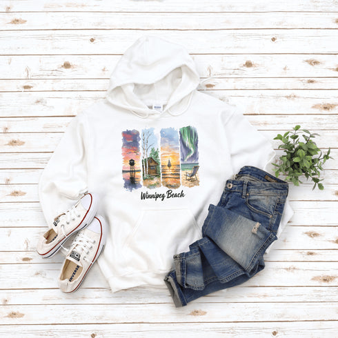 Bring the peaceful charm of Winnipeg Beach with you wherever you go. This soft, comfortable hoodie features a watercolor-style collage celebrating the beauty of Manitoba’s cherished lakeside town.