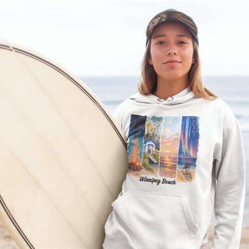 Inspired by the timeless charm of Winnipeg Beach, this cozy hoodie features a beautifully detailed watercolor collage capturing the spirit of this beloved lakeside destination.