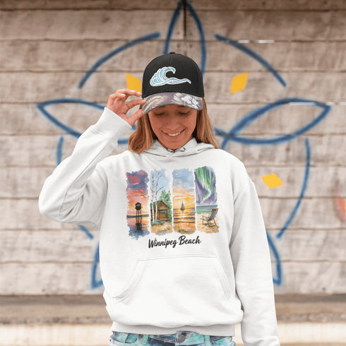 Bring the peaceful charm of Winnipeg Beach with you wherever you go. This soft, comfortable hoodie features a watercolor-style collage celebrating the beauty of Manitoba’s cherished lakeside town.