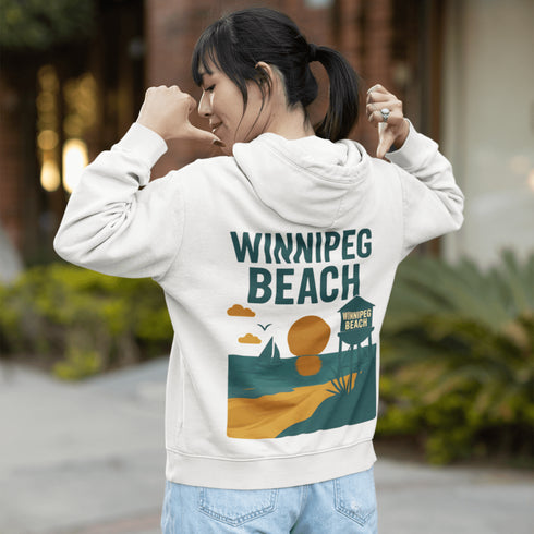 Step into vintage beach town vibes with our Winnipeg Beach Retro Scene hoodie — a stylish throwback to sun-soaked days by the lake.