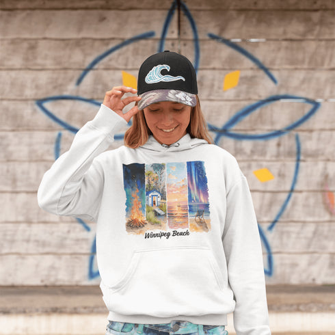 Inspired by the timeless charm of Winnipeg Beach, this cozy hoodie features a beautifully detailed watercolor collage capturing the spirit of this beloved lakeside destination.