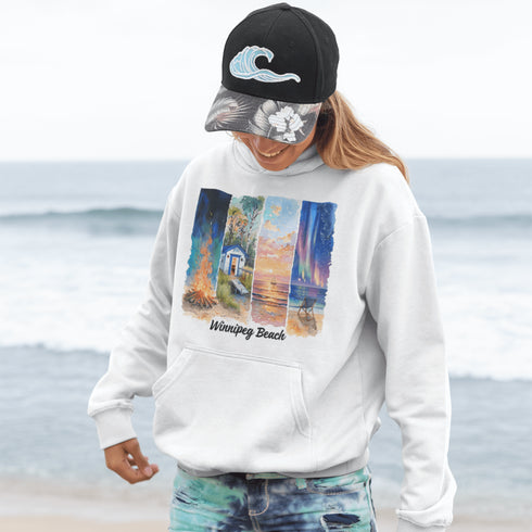 Inspired by the timeless charm of Winnipeg Beach, this cozy hoodie features a beautifully detailed watercolor collage capturing the spirit of this beloved lakeside destination.