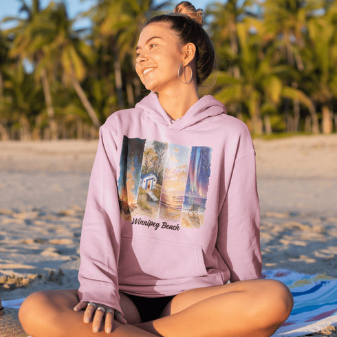 Inspired by the timeless charm of Winnipeg Beach, this cozy hoodie features a beautifully detailed watercolor collage capturing the spirit of this beloved lakeside destination.