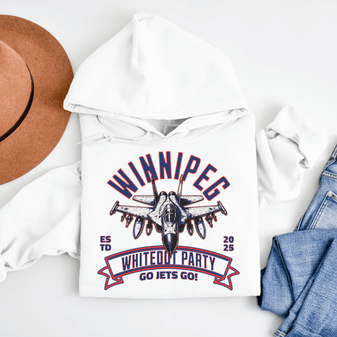Winnipeg Whiteout Party Hoodie – Jet Mode: Engaged! ✈️❄️🏒 Strap in, Jets fans—this hoodie is taking off faster than a Scheifele breakaway!