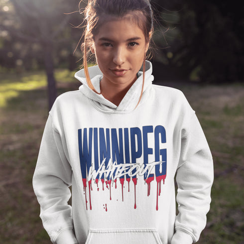 Get ready to paint the playoffs white—literally! This hoodie features Winnipeg Whiteout splashed across the front in a drippy paint font.