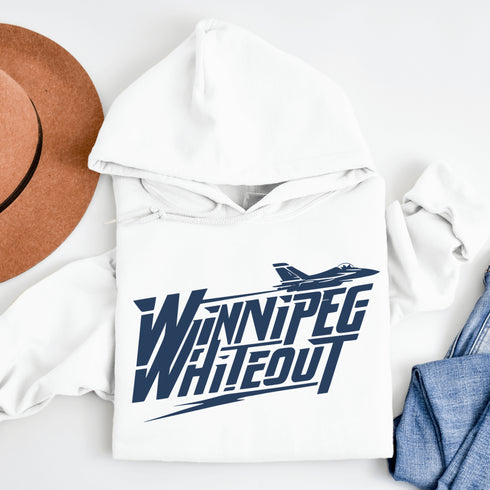 Buckle up, Jets fans—this hoodie is cleared for takeoff! Featuring "Winnipeg Whiteout" in a bold fighter jet font, this hoodie is ready to soar into playoffs.