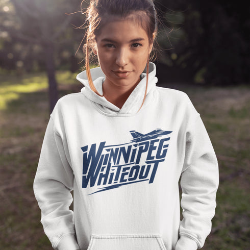 Buckle up, Jets fans—this hoodie is cleared for takeoff! Featuring "Winnipeg Whiteout" in a bold fighter jet font, this hoodie is ready to soar into playoffs.