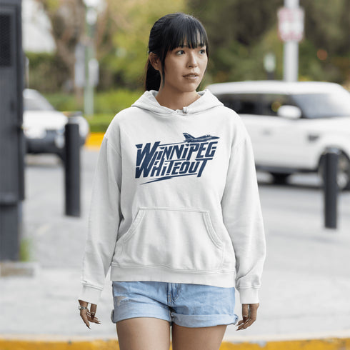 Buckle up, Jets fans—this hoodie is cleared for takeoff! Featuring "Winnipeg Whiteout" in a bold fighter jet font, this hoodie is ready to soar into playoffs.