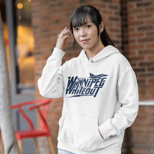 Buckle up, Jets fans—this hoodie is cleared for takeoff! Featuring "Winnipeg Whiteout" in a bold fighter jet font, this hoodie is ready to soar into playoffs.
