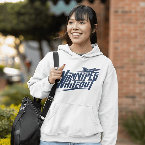 Buckle up, Jets fans—this hoodie is cleared for takeoff! Featuring "Winnipeg Whiteout" in a bold fighter jet font, this hoodie is ready to soar into playoffs.