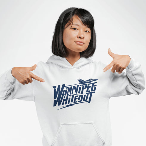 Buckle up, Jets fans—this hoodie is cleared for takeoff! Featuring "Winnipeg Whiteout" in a bold fighter jet font, this hoodie is ready to soar into playoffs.