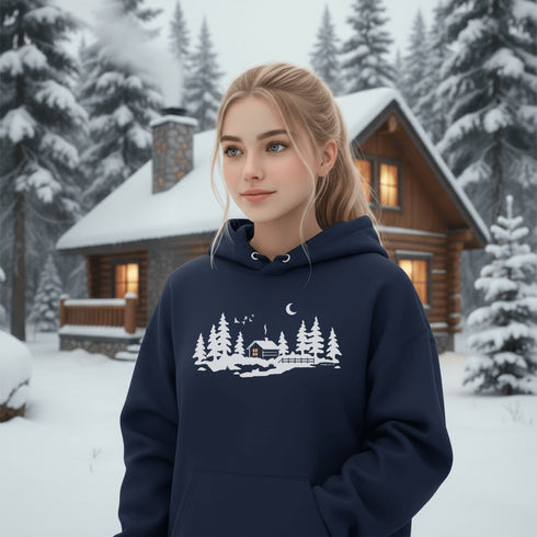 Wrap yourself in winter wonder with our Snowy Cabin Hoodie — a cozy escape you can wear.