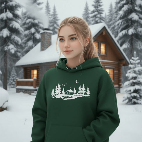 Wrap yourself in winter wonder with our Snowy Cabin Hoodie — a cozy escape you can wear.
