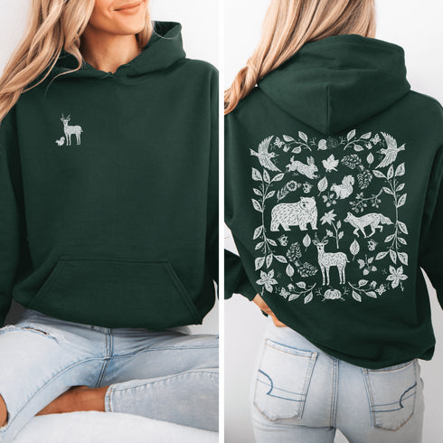 Featuring a collage of woodland animals on the back, this design captures the essence of nature's charm with creatures like foxes, bears and squirrels nestled among lush foliage.
