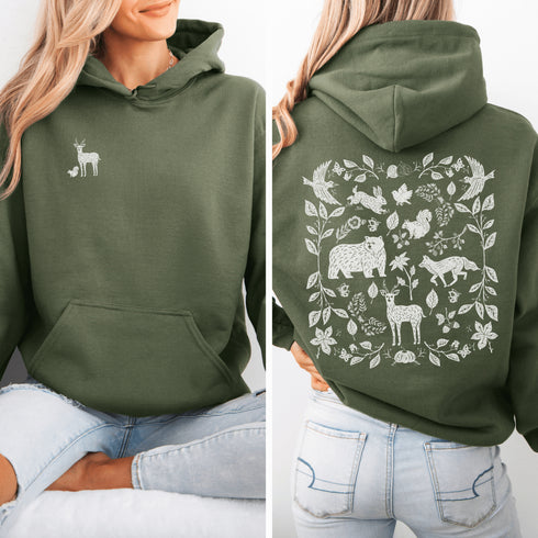 Featuring a collage of woodland animals on the back, this design captures the essence of nature's charm with creatures like foxes, bears and squirrels nestled among lush foliage.