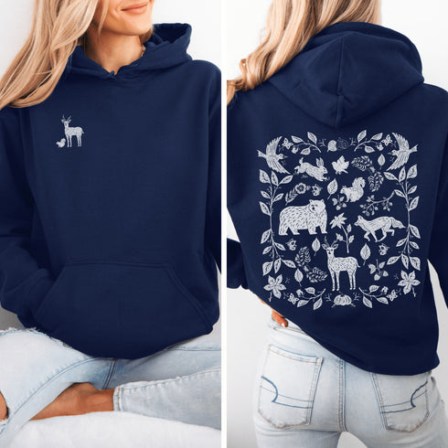 Featuring a collage of woodland animals on the back, this design captures the essence of nature's charm with creatures like foxes, bears and squirrels nestled among lush foliage.