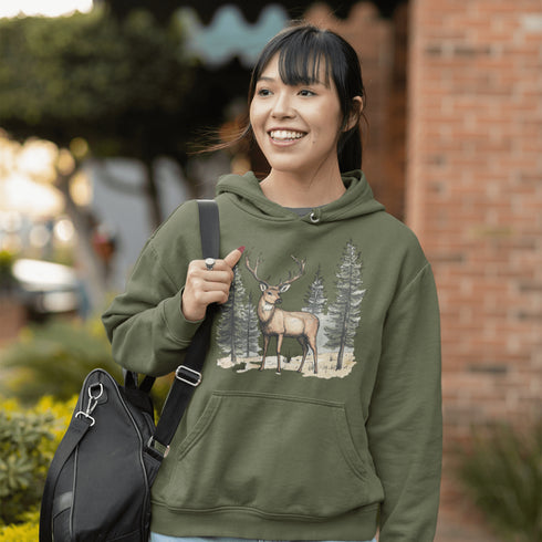 This hoodie features a beautifully crafted design of a majestic deer standing amidst the forest, capturing the quiet elegance of the woods.