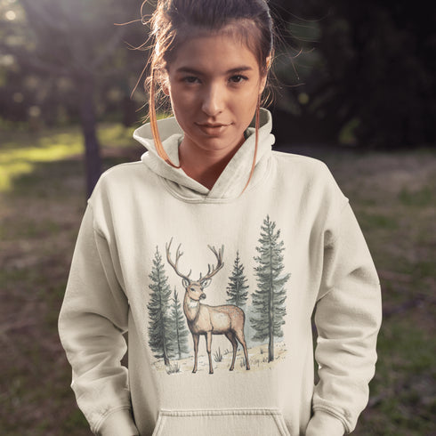 This hoodie features a beautifully crafted design of a majestic deer standing amidst the forest, capturing the quiet elegance of the woods.
