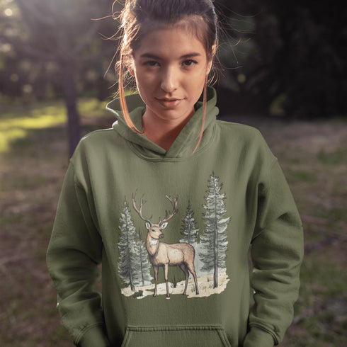 This hoodie features a beautifully crafted design of a majestic deer standing amidst the forest, capturing the quiet elegance of the woods.