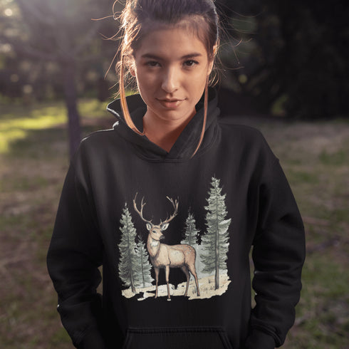 This hoodie features a beautifully crafted design of a majestic deer standing amidst the forest, capturing the quiet elegance of the woods.
