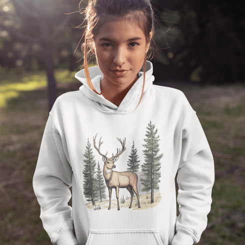 This hoodie features a beautifully crafted design of a majestic deer standing amidst the forest, capturing the quiet elegance of the woods.