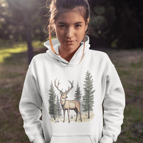 This hoodie features a beautifully crafted design of a majestic deer standing amidst the forest, capturing the quiet elegance of the woods.