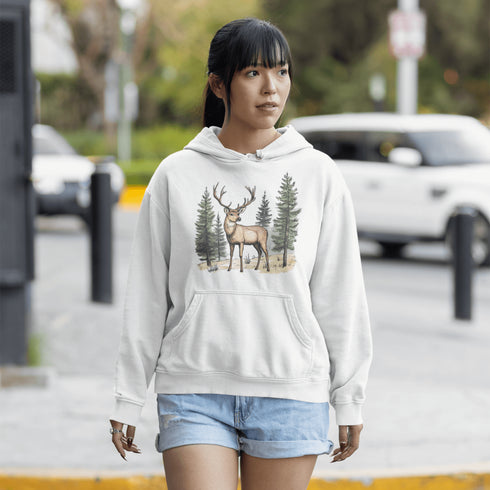 This hoodie features a beautifully crafted design of a majestic deer standing amidst the forest, capturing the quiet elegance of the woods.