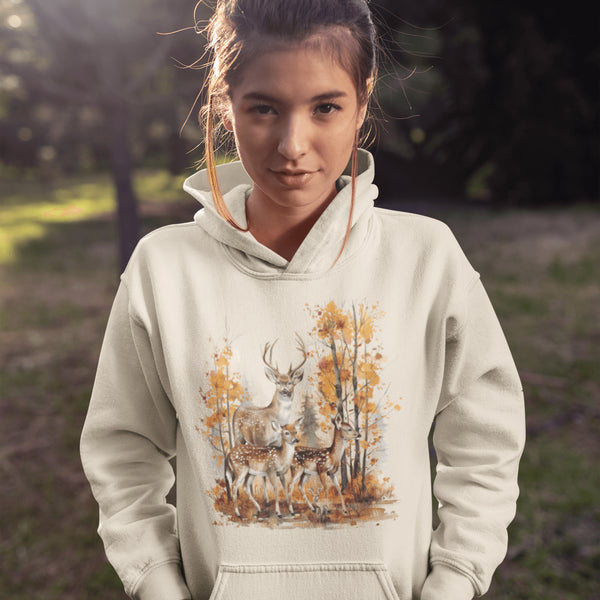 Step into the heart of fall with our Woodland Deer Hoodie, featuring a tender scene of a father deer with his two fawns in a peaceful autumn forest.