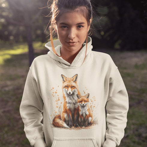 This beautifully crafted hoodie showcases a loving mother fox and her playful kit sitting in a cozy bed of fall foliage, surrounded by vibrant autumn leaves.