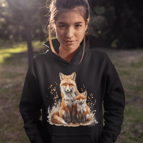 This beautifully crafted hoodie showcases a loving mother fox and her playful kit sitting in a cozy bed of fall foliage, surrounded by vibrant autumn leaves.