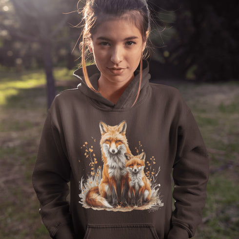 This beautifully crafted hoodie showcases a loving mother fox and her playful kit sitting in a cozy bed of fall foliage, surrounded by vibrant autumn leaves.